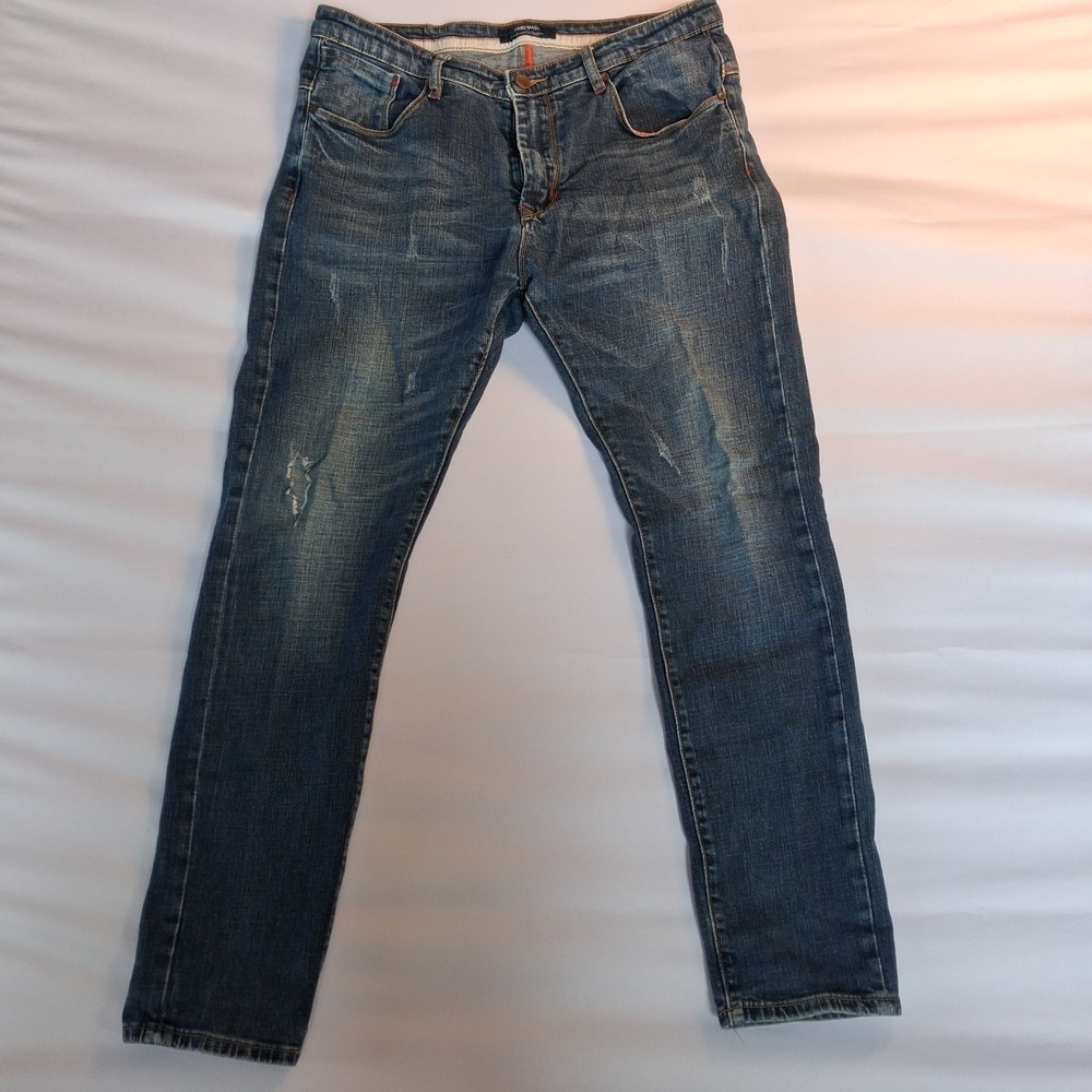 Handlade Men's dark wash distressed slim-fit denim jeans 34x30